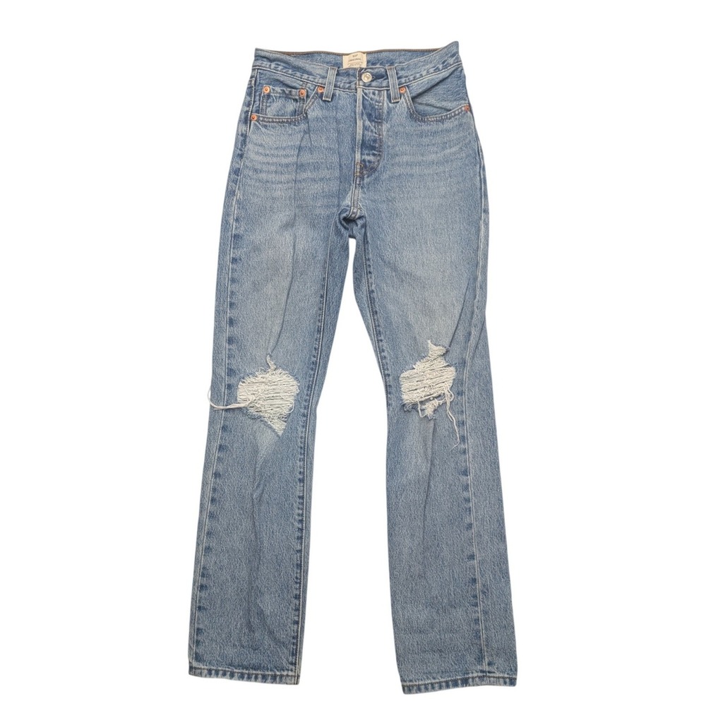 Levis 501 Original Jeans Womens 24 Light Wash Distressed Straight Leg Blue